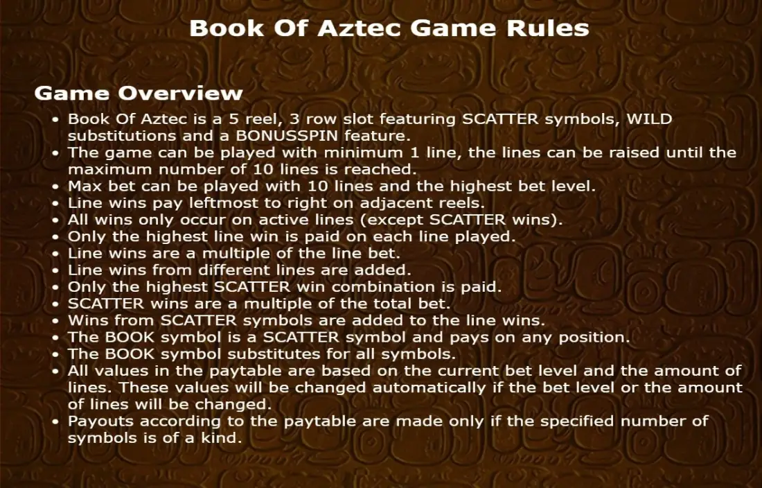 Book of Aztec game rules page confirming 5 reel 3 row structure and leftmost to right payline wins