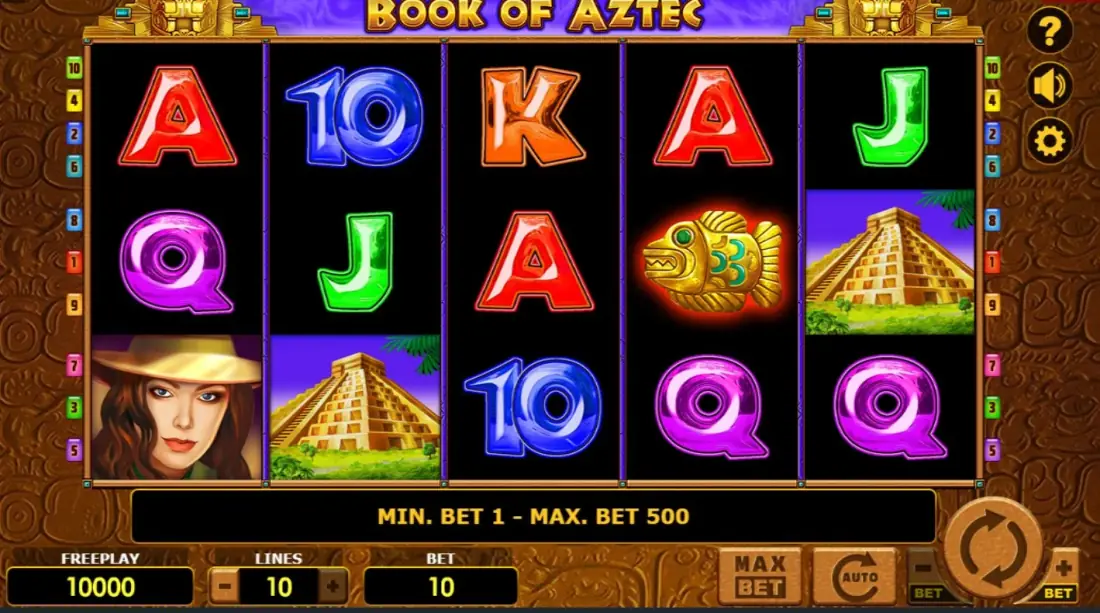 Book of Aztec gameplay screenshot showing 5x3 grid with Lady, Pyramid symbols and 10 paylines active