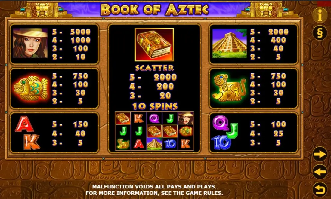 Book of Aztec paytable showing Lady Explorer pays 5000 coins for 5-of-a-kind and scatter prizes