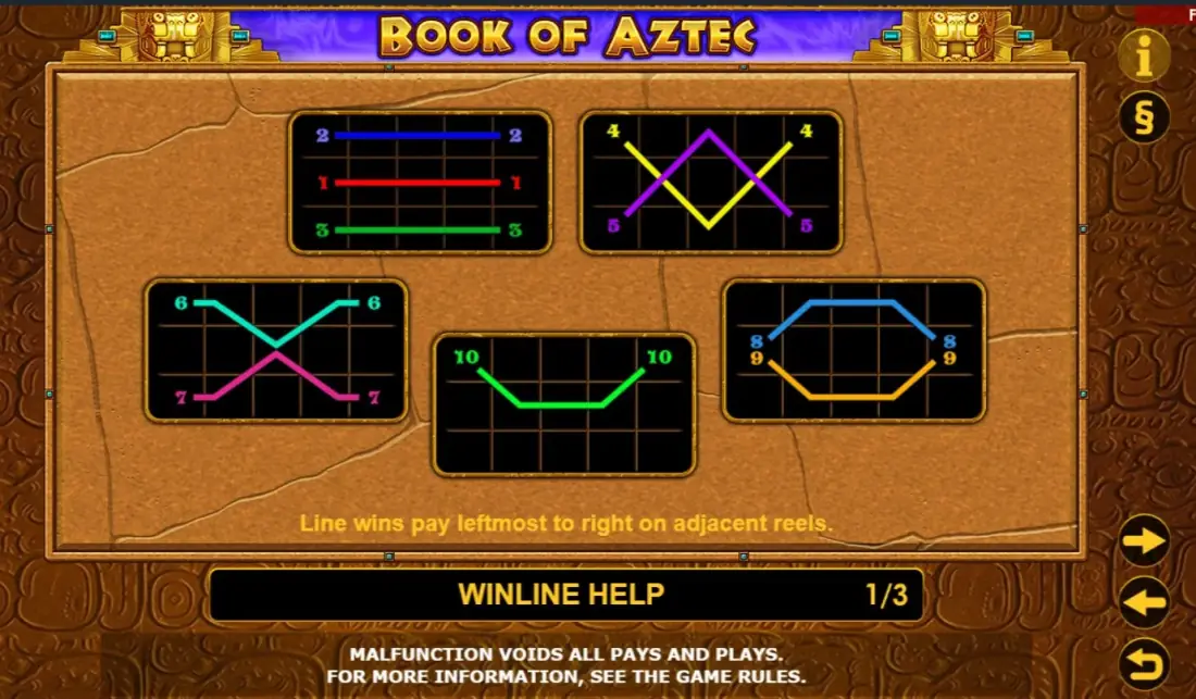 Book of Aztec winline diagram showing all 10 payline patterns from left to right